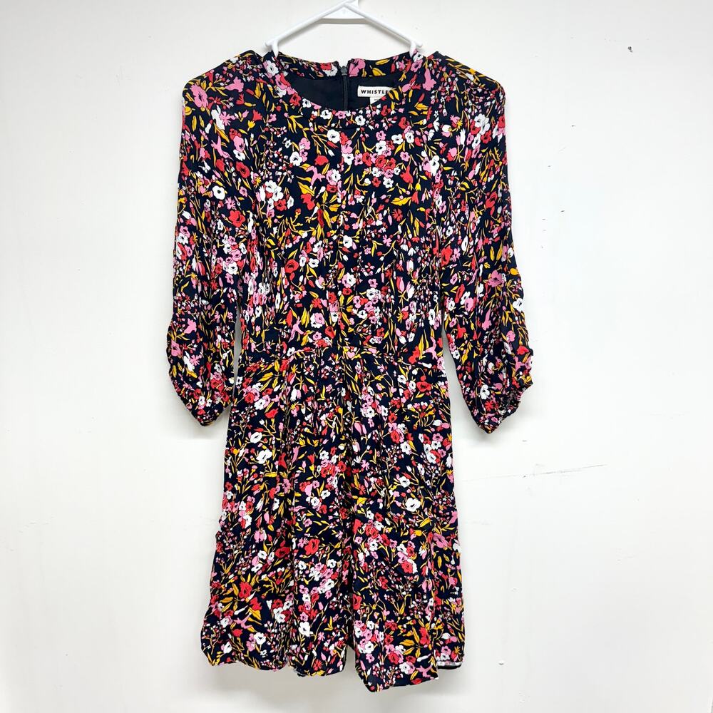 Whistles Women Navy Multicolored Floral Printed‎ 3/4 Sleeve Mini Dress Sz 2